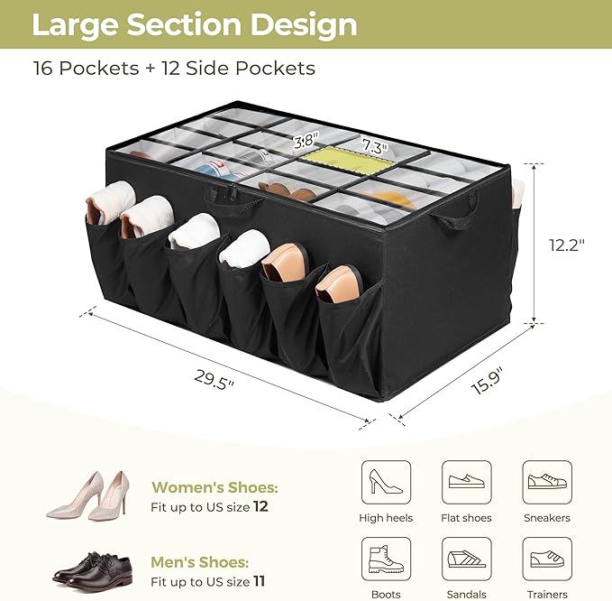 Extra Large Shoe Organizer for Closet, Fits up to 28 Pairs, Fabric Shoe Box Storage Containers with Adjustable Dividers and Clear Cover, Black, 1 Pack