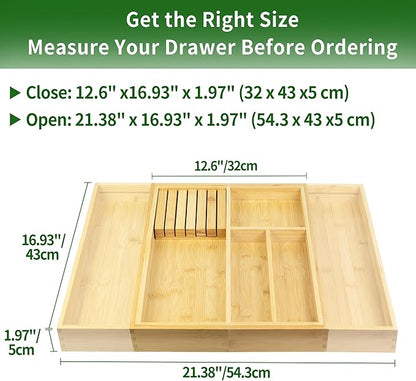 VaeFae Bamboo Silverware Drawer Organizer Kitchen, Expandable Utensil Organizer with Knife Block, Cutlery Tray with Divider, Multifunctional Drawer Organizer