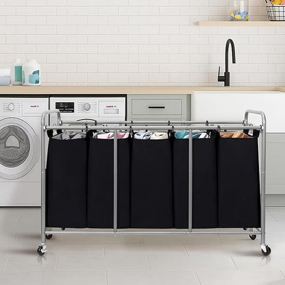 STORAGE MANIAC 5 Section Laundry Sorter, 5 Bins Rolling Separator Laundry Basket, Dirty Clothes Hamper Divider with Heavy Duty Rolling Lockable Wheels, Large Clothes Organizer Cart, Black