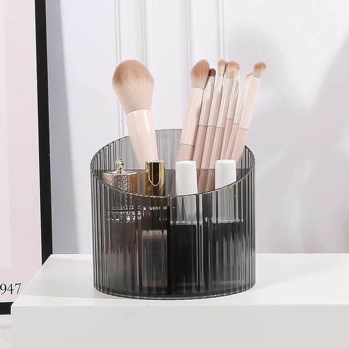 DASITON 3 Slots Makeup Brush Holder, Acrylic Makeup Brush Cup, Vintage Striped Make Up Brush Holder for Vanity Decor, Bathroom Countertops, Desk Storage Container, Cosmetic Display Cases (Black)