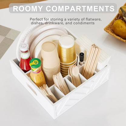 Utensil Holder for Party-Paper Plate Dispenser and Holders for countertop,Wood Rustic Silverware Utensil Caddy with 7 Compartments,Cutlery Flatware Organizer Box for Cup/Fork/Spoon,Kitchen Accessories
