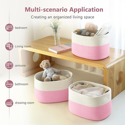 ECDYQXVU Cotton Rope Shelf Storage Basket, 15x10x9 in, Shelf Storage Baskets for Clothes, Towels, Books, Laundry (White/ Pink, 2 Pack)