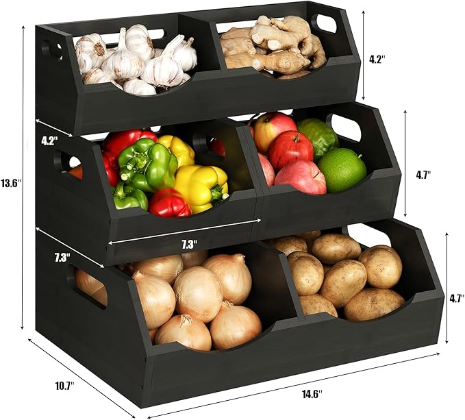 Potato Storage Bins Onion, 3 Tier Bamboo Pantry Storage Bin Stackable Ventilated Organizer for Kitchen, Pantry, Countertop, Bathroom, Black