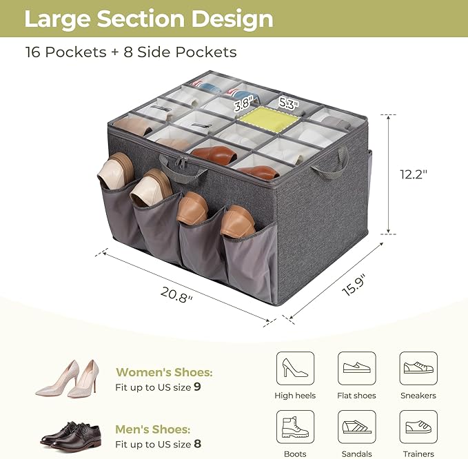 Shoe Organizer for Closet, Fits up to 24 Pairs, Fabric Shoe Box Storage Containers with Adjustable Dividers and Clear Cover, Grey, 2 Pack