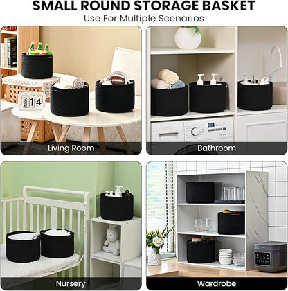ICERZCZ Small Black Baskets for Organizing, Storage Baskets for Shelves, Small Woven Basket for Storage, Cute Basket for Gifts, Mini Cotton Rope Baskets, 9.7"×9.7"×7" (3 Packs) Black