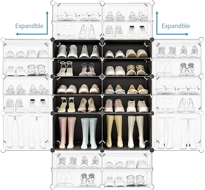 KOUSI Portable Shoe Rack Organizer 24 Pair Tower Shelf Storage Cabinet Stand Expandable for Heels, Boots, Slippers 6 Tier Black,Clear,32 inches x12 inches x36 inches