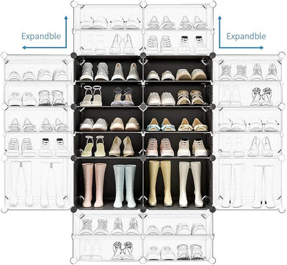 KOUSI Portable Shoe Rack Organizer 24 Pair Tower Shelf Storage Cabinet Stand Expandable for Heels, Boots, Slippers 6 Tier Black,Clear,32 inches x12 inches x36 inches