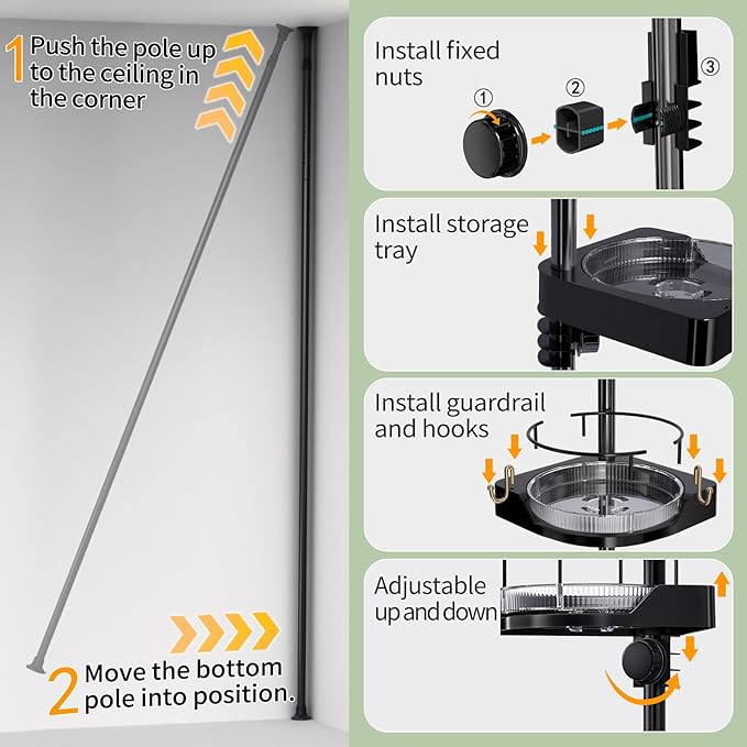 shuang qing 360° Rotating Corner Shower Caddy Tension Pole Organizer - 4-Tier Adjustable Rustproof Metal Pole, Plastic Shelves with Safety Guardrail, Bathroom Storage for Shower & Bathtub(Black)