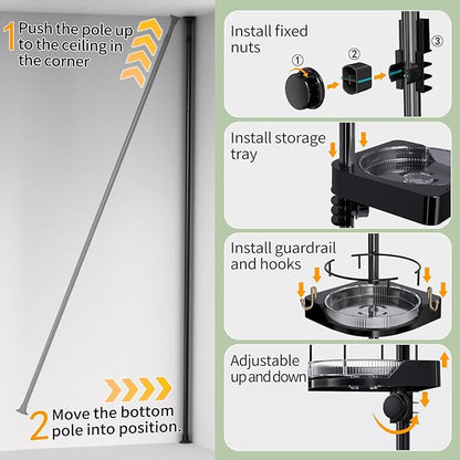 shuang qing 360° Rotating Corner Shower Caddy Tension Pole Organizer - 4-Tier Adjustable Rustproof Metal Pole, Plastic Shelves with Safety Guardrail, Bathroom Storage for Shower & Bathtub(Black)