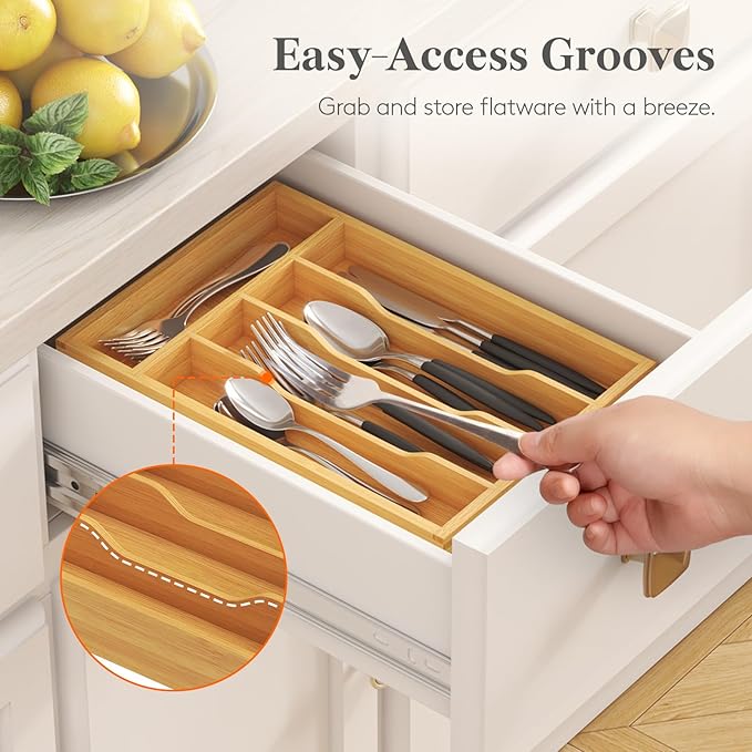 Lifewit Silverware Drawer Organizer, Utensil Tray for Kitchen, Flatware and Cutlery Holder, Storage for Spoons Forks Knives, 6.7 x 12", Natural