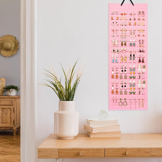 Lolalet Hanging Earring Holder Organizer with 20 Hooks for Women, Earring Organizer Wall Earrings Hanger Pierced Earring Storage, Felt Stud Earring Display, 608 Holes for Earrings - Pink, 1 Pack