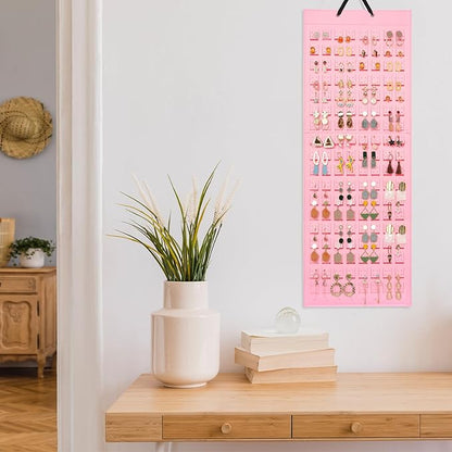 Lolalet Hanging Earring Holder Organizer with 20 Hooks for Women, Earring Organizer Wall Earrings Hanger Pierced Earring Storage, Felt Stud Earring Display, 608 Holes for Earrings - Pink, 1 Pack