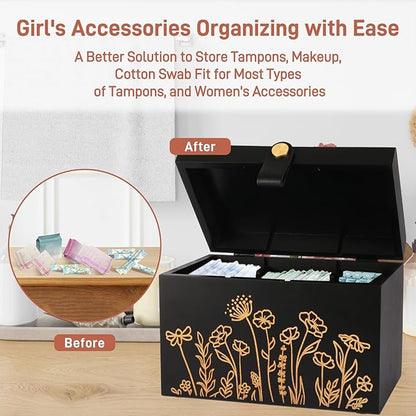 100% Solid Wood Tampon Holder Box with Lid, Copper Leather Pull, Absolute Real Wood Bathroom Decorative Box for Feminine Product Storage and Accessories such as Tampons, Cotton Balls, Gifts for Women