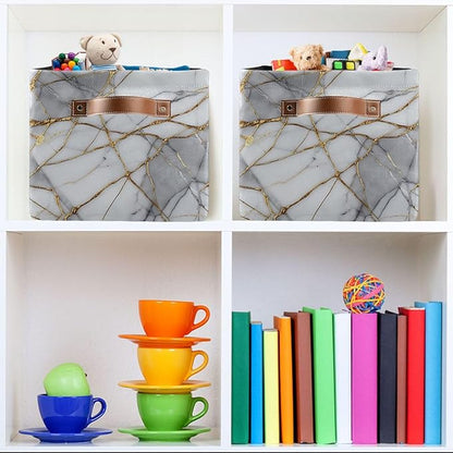 Gold Grey Marble Storage Basket Decorative Fabric Basket Bins Foldable Shelf Closet Basket Storage Box Cube With Handle Organizer Basket For Kids Toys Clothes Bedroom Nursery