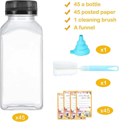 Dabacc Juice Bottles, 45Pcs 8oz Plastic Juice Bottles with Caps Airtight Reusable Clear Empty Water Containers Includes Label Funnel Brush for Juicing Drinking Beverage Smoothies Fridge (8oz)