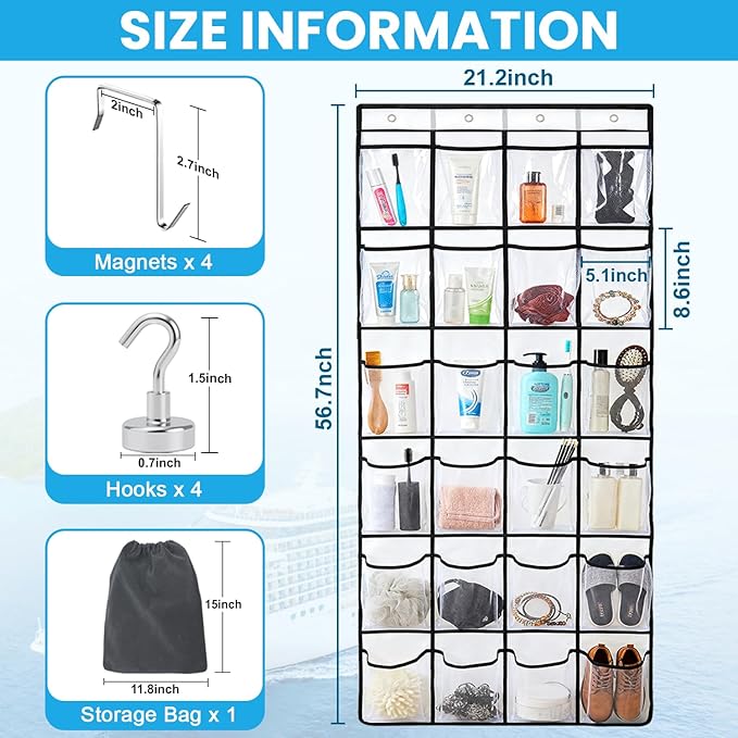 Cruise Essentials 2026 Over The Door Organizer For Cruise Ship 24 Pocket Magnetic Door Organizers with 4 Metal Hooks and 4 Strong Magnets Door Organizer Hanging for Cabin Behind Door Storage Organizer