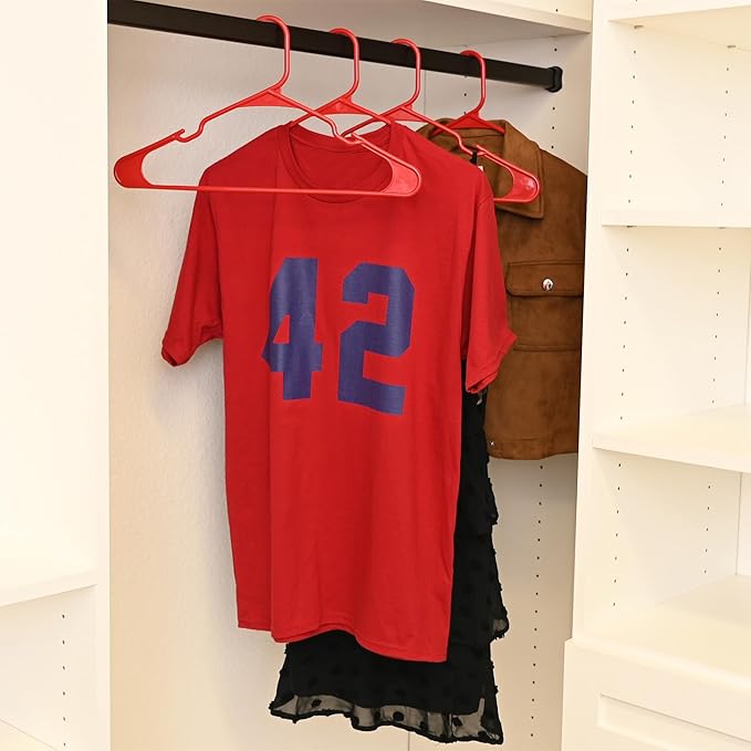 Closetselect Plastic Hangers 50 Pack - Space Saving Clothes Hangers, Made in USA, Durable & Strong Plastic Shirt & Coat Hanger with Notches & Shoulder Grooves, Non-Slip Clothing Hangers | Red Engine