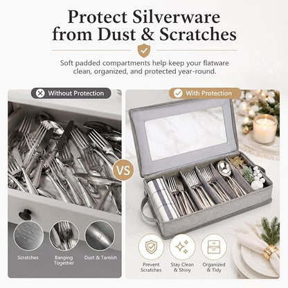 Joyfol Day Flatware Utensil Storage Case, Grey Silverware Storage Box Chest with Adjustable Dividers, Removable Cutlery Storage Holder with Zipper Lid for Organizing Spoon/Flatware/Knives