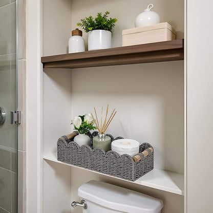 CubesLand Bathroom Basket Organizer, Toilet Tank Paper Storage Baskets 2-Pack, Scalloped Decorative Basket for Countertop w/Handle, Wicker Basket for Bathroom Decor, Home Decor, Living Room, Grey