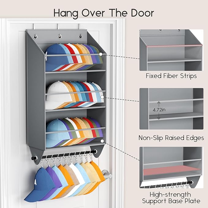 Homsorout Over the Door Hat Rack - 3-Layer Design Hat Organizer Holds 30-36 Hats with 10 Hooks, Ideal Hat Rack for Door, Over the Door Organizer for Closet, Apartment, Bedroom, Dorm, 2 Pack, Grey