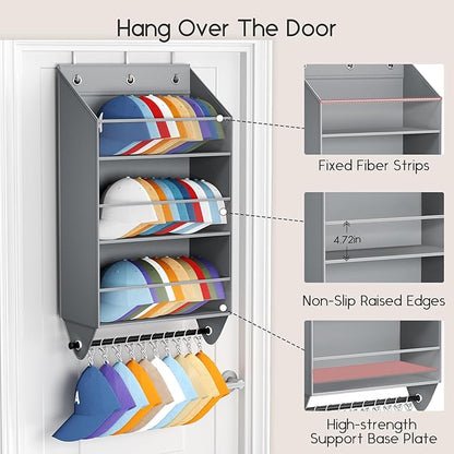 Homsorout Over the Door Hat Rack - 3-Layer Design Hat Organizer Holds 30-36 Hats with 10 Hooks, Ideal Hat Rack for Door, Over the Door Organizer for Closet, Apartment, Bedroom, Dorm, 2 Pack, Grey