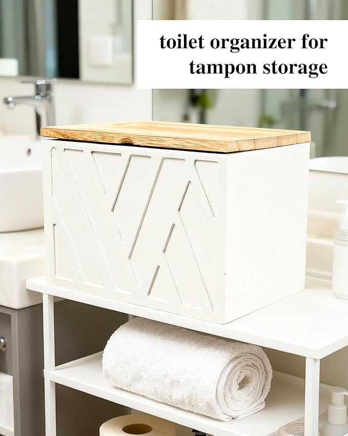 Tampon Holder for Bathroom Decor Feminine Product Organizer With Lid Shark Week Box Wooden Pad Girl Stuff Box (BLACK, lid) (1, WHITE)