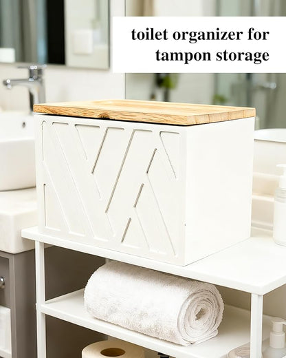 Tampon Holder for Bathroom Decor Feminine Product Organizer With Lid Shark Week Box Wooden Pad Girl Stuff Box (BLACK, lid) (1, WHITE)