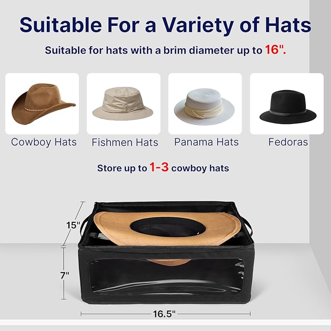 WOMACO Cowboy Hat Box, Hard Top Hat Storage Case for Cowboy Hats, Stackable Hat Organizer Foldable Hat Protector Bag with Handle (Black, 1 Pack)