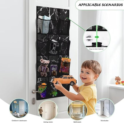 Black Marble 12-Pocket Over Door Hanging Shelves, Adjustable Compartments for Spices, Snacks, Cosmetics