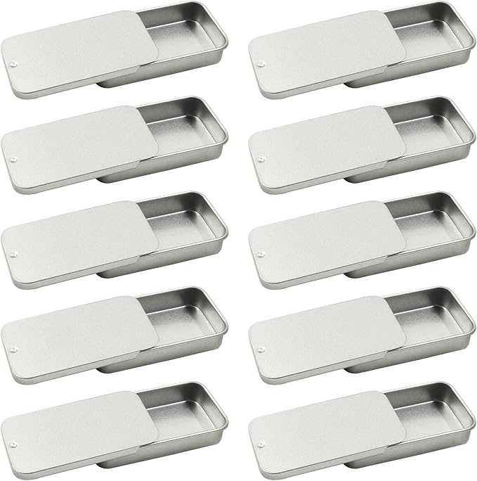 Unlorspy 10 Pcs Silver Metal Tin Container Slide Lid, 2.36" x 1.38" x 0.47" Metal Tin Container Slide Top for DIY Pills, Solid Perfumes, Lip Balms, Cards and Herbs