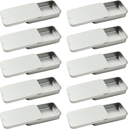 Unlorspy 10 Pcs Silver Metal Tin Container Slide Lid, 2.36" x 1.38" x 0.47" Metal Tin Container Slide Top for DIY Pills, Solid Perfumes, Lip Balms, Cards and Herbs