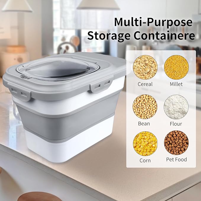 Komzon Rice Storage Container, Collapsible Airtight Food Storage Containers 6-20 Lbs, Rice Dispenser with Measuring Cup and Small Bin for Flour Cereal Pasta Grain, Cat Pet Dog Bird Food Container