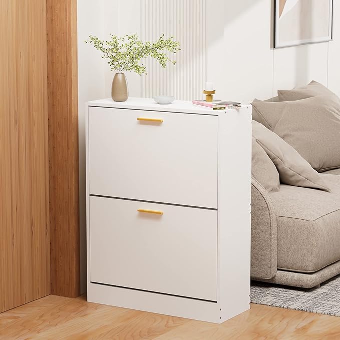 JOZZBY Shoe Cabinet for Entryway, Narrow White Shoe Storage Cabinet with 2 Flip Drawers, Wooden Hidden Shoe Rack Organizer with 2 Tier Freestanding for Hallway, Living Room, Set of 2