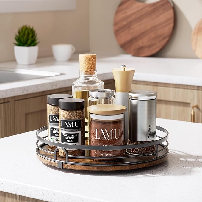 LAMU 11'' Lazy Susan Turntable Organizer for Cabinet, Round Wood Lazy Susan for Table Top, Countertop, Kitchen, Pantry, Spice, Bathroom Vanity, Decor