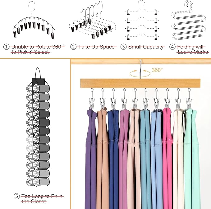 Legging Organizer for Closet, Pants Hangers with Clips Holds 20 Leggings, Jeans, Hats, Shorts, Socks, 360° Rotating Space Saving Hanging Clothes Organizer for Closet Organizers and Storage 2Pcs