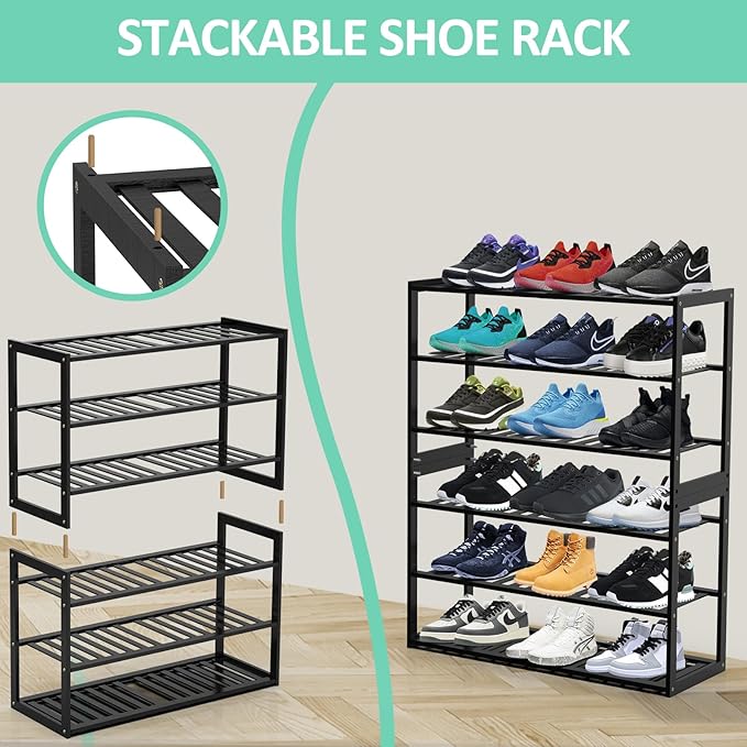 Jripae Bamboo Shoe Rack for Entryway, 27.5inch Stackable 3 Tier Shoe Organizer Shelf Storage 9-12 Pairs Shoes Stand Cubby for Closet Door Hallway Bedroom Garage Black, Thanksgiving