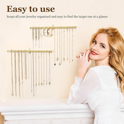 2 Pack Necklace Holder Wall Mounted 12.7'' Necklace Organizer Gold Wall Hanging Jewelry Organizer for Necklaces, Bracelets Rings Display