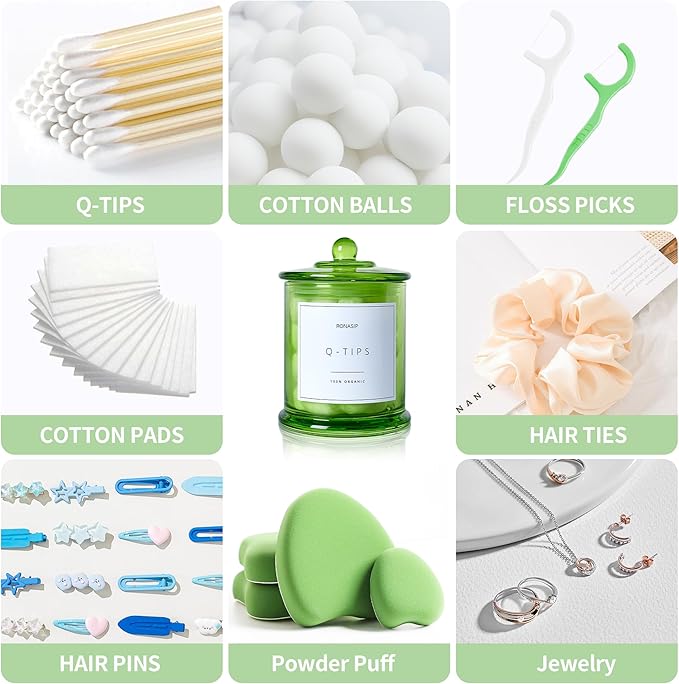 Ronasip 3 Pack Green Qtip Holder Dispenser, 16oz Bathroom Organizer and Storage Canisters, Glass Apothecary Jars with Lid - Home Decor, Room Decor Aesthetic