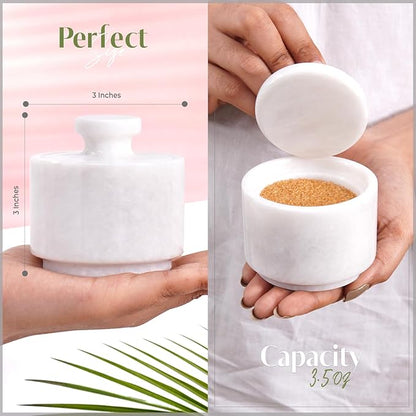 MARBLOUS KRAFTS Marble Salt Cellar with Lid 3" Inch White Salt Box, Stone Salt Container & Spice Jars, Stone Salt Holder for Counter, Spice Jar & Salt Jar