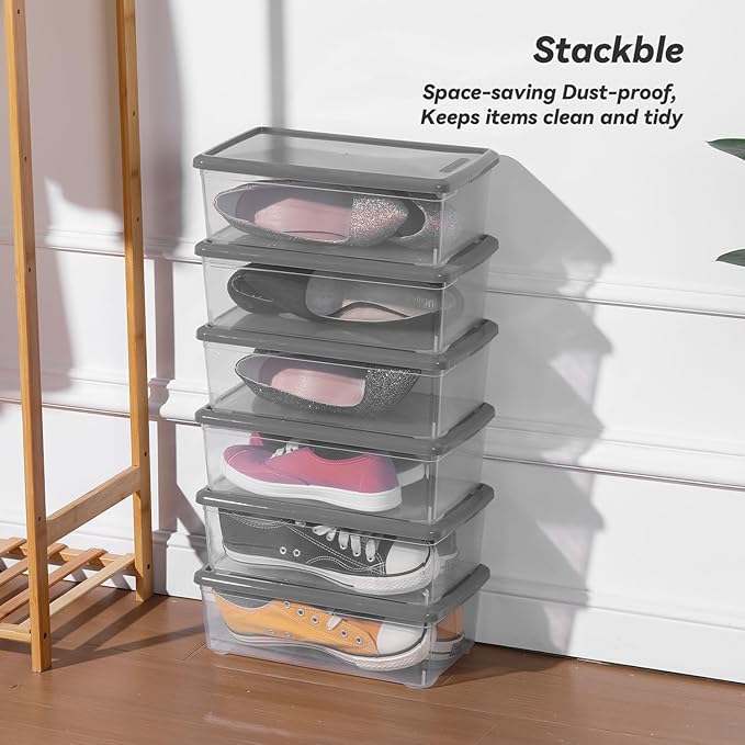 6 Quart Latching Storage Box,Plastic Clear Storage Bins With Lids Stackable (Grey, 8 Pack)