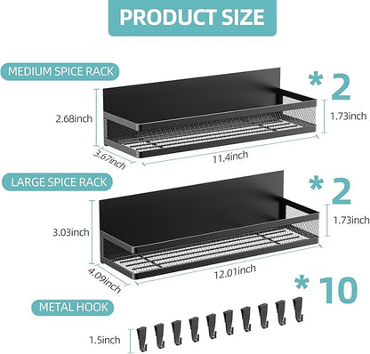 Magnetic Spice Rack for Refrigerator, 4 Pack Magnetic Shelf with 10-Hook Rack, Carbon Steel, Black, for Kitchen Organizers and Storage
