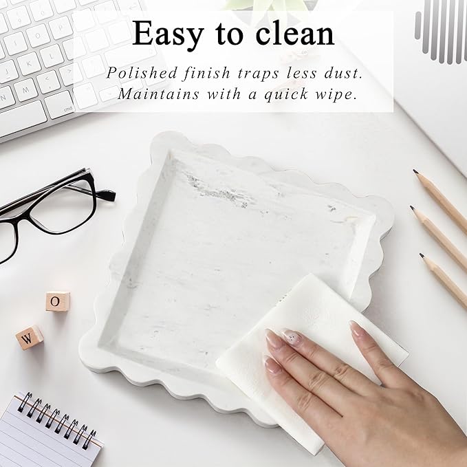 Square Marble Vanity Tray with Scalloped Edge - Natural Marble Perfume Tray Decor for Dresser, Vanity, Kitchen, Home Decor, Decorative Square Stone Tray - White 8 * 8 inch
