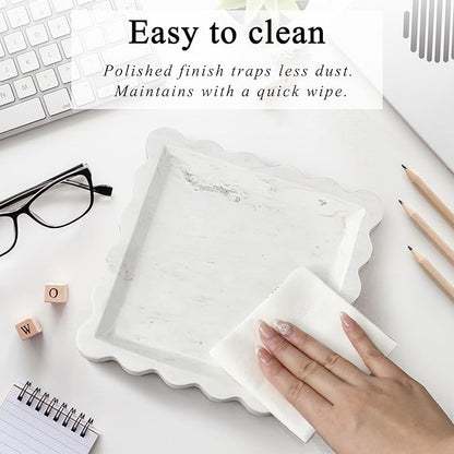 Square Marble Vanity Tray with Scalloped Edge - Natural Marble Perfume Tray Decor for Dresser, Vanity, Kitchen, Home Decor, Decorative Square Stone Tray - White 8 * 8 inch