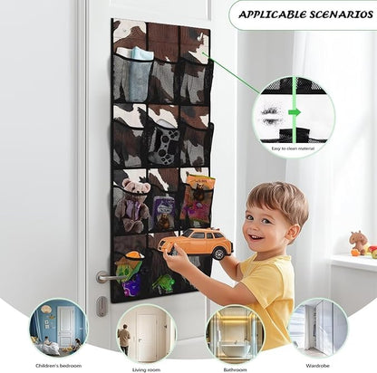 Multi-Pocket Over the Door Organizer, 12 Mesh Pockets Storage Hanging Bag Behind the Door for Shoes Toys and Cleaning Supplies, Fabric Door Organizer for Bedroom Bath, Brown Cowhide Print