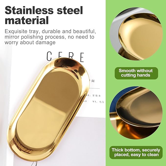 2 PCS Gold Stainless Steel Decorative Tray, 7-Inch Oval Jewelry Dish and Vanity Organizer for Bathroom, Towels, and Small Items