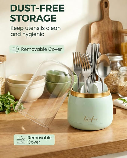 Silverware Organizer with Lid, 360° Rotation Utensil Holder for Kitchen Counter, Silverware Caddy for Party, 7 Slots Fits Standard Utensils & Steak Knives, Not for Extra-Long Knives (Light Green)
