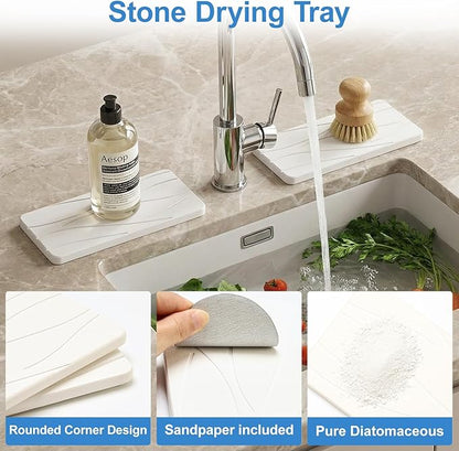 2Pcs Water Absorbing Stone Drying Tray for Bathroom Sink Counter Decor Kitchen Soap Dish Dispenser Trays Sponge Holder White Bathroom Vanity Tray Fast Quick Diatomite Stone Drying Mat for Kitchen Sink