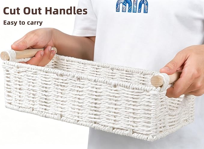 CubesLand Wicker Toilet Storage Basket Tray Organizer W/Cut Out Handle, Slim Decorative Basket for Countertop, Shelves And for Versatile Home Decor, Living Room, Nursery Organization, Cream