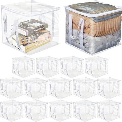 16 Pcs Clear Zippered Organizers 12''x12''x12'' Moving Bags with Reinforced Handles Heavy Duty Storage Cube Tote Storage Blanket Bags Bins for Clothes Moving Supplies Linens Shoes Closet Organizer