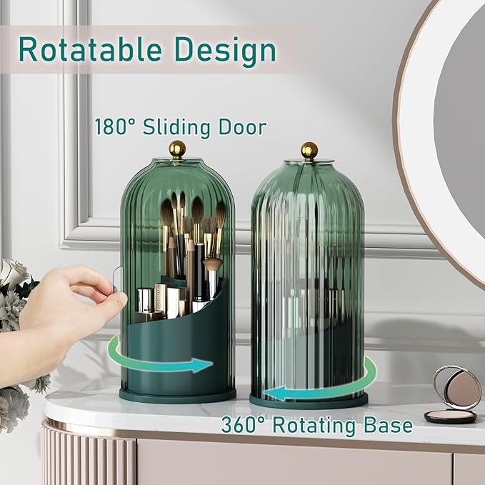 GAXmi Makeup Brush Holder with Lid Cosmetic Tools Organizer 360 Rotating Waterproof Dustproof Beauty Brushes Storage for Vanity, All Green | with Lid, 360 Rotating, Waterproof, Dustproof, for Vanity